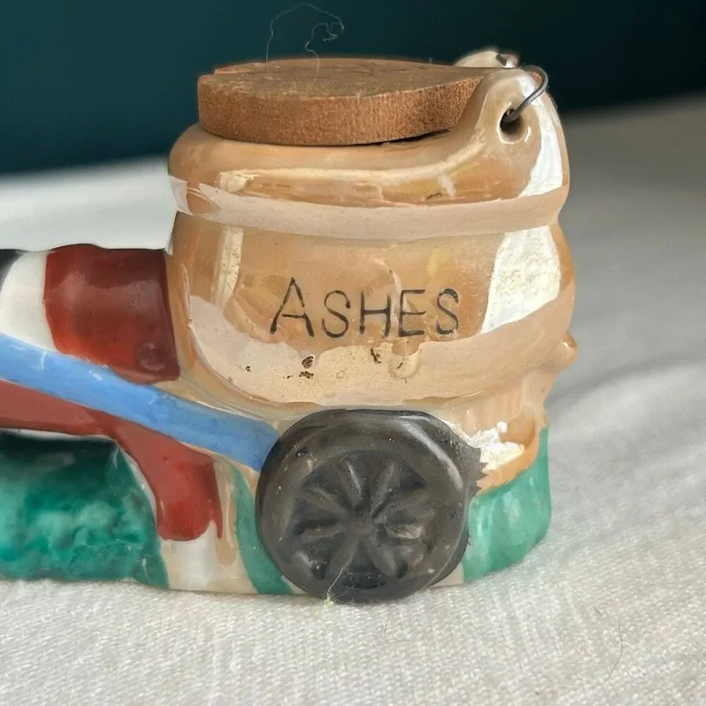 Vintage Ceramic Donkey Cart Flip Top Ash Holder Lusterware